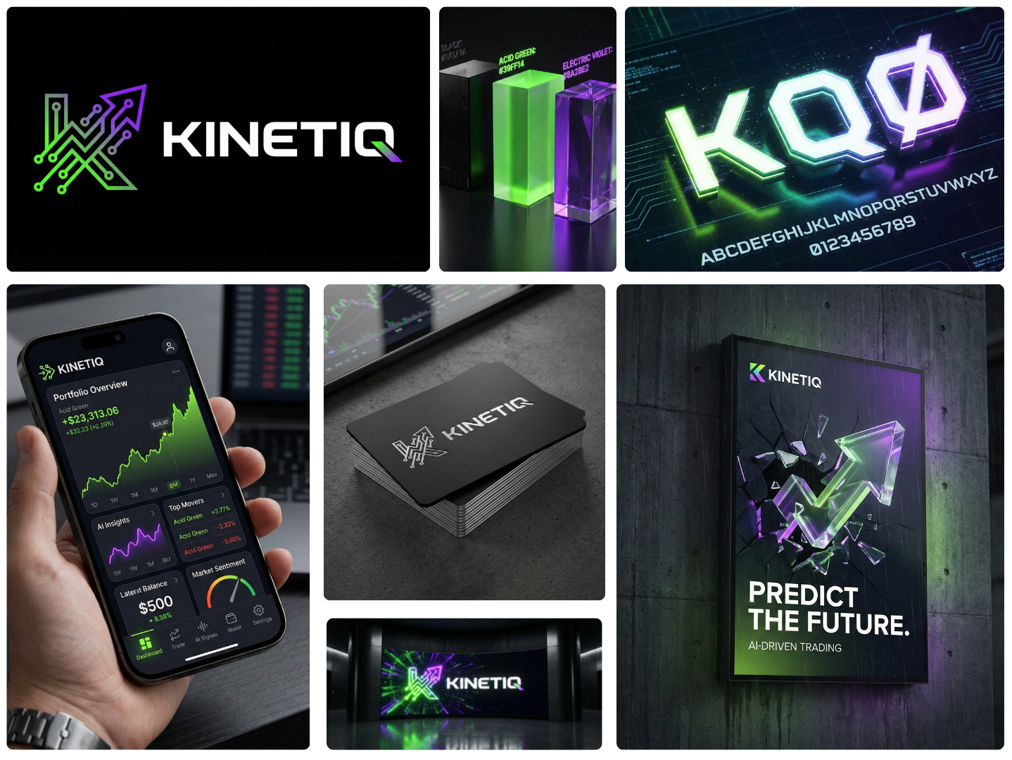 KINETIQ – AI High-Frequency Trading Identity bento grid branding crypto dark mode fintech logo design modern logo regius digital tech branding trading app ui design visual identity