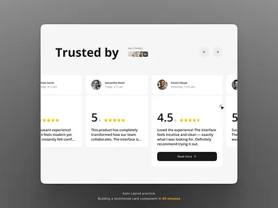 Testimonials Carousel — Clean Web UI auto layout carousel ui clean interface composition customer reviews design feedback card minimal ui ratings ui reviews section slider ui social proof testimonial card testimonials section trusted by ui user experience ux web design