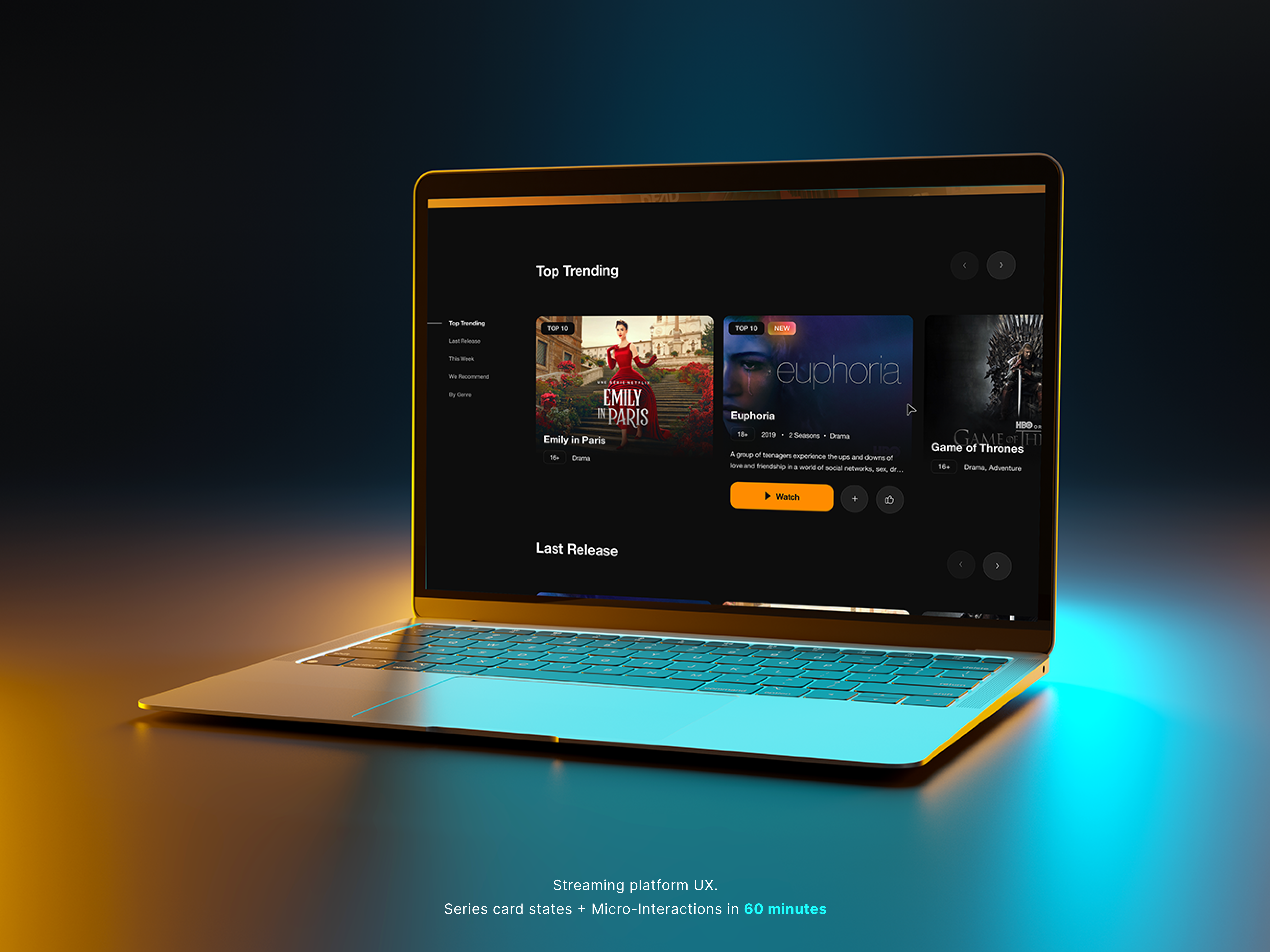 Streaming Platform — Series Card UX add to list carousel ui composition dark mode ui genre tags hero section micro interactions movie card netflix play button progress bar rating badge series card streaming ui trending section ui user experience ux watchlist web design