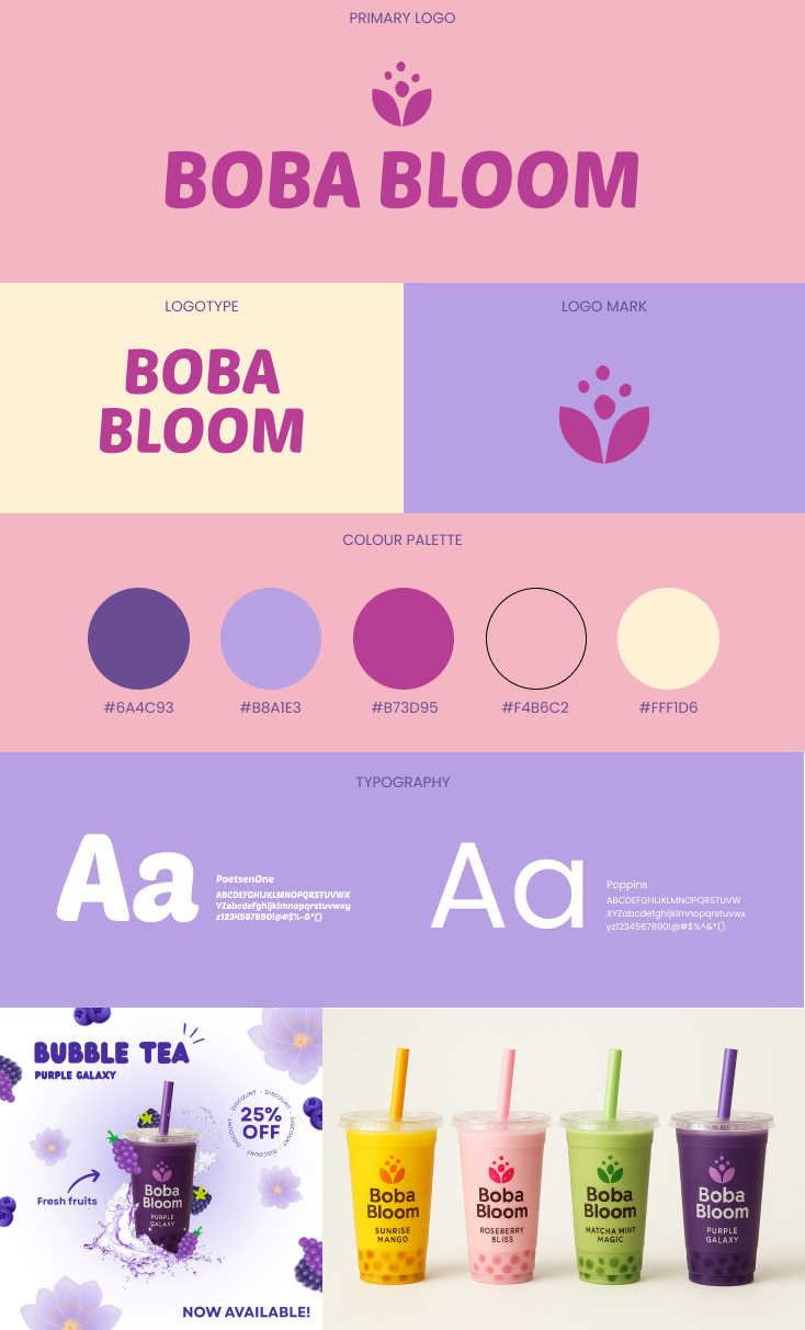 Boba Bloom — Bubble Tea Brand Identity beverage branding brand identity branding bubble tea concept brand graphic design logo design packaging design pastel design visual identity