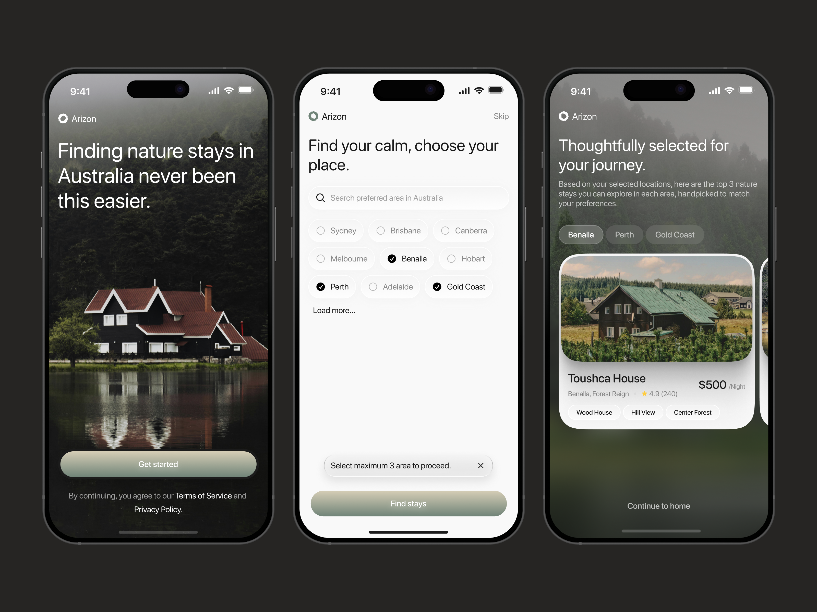 Arizon - Onboarding Flow airbnb app application booking hotel clean design local stays mobile mobile app mobile design nature onboarding ui uidesign ux