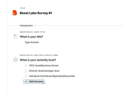 UserEvidence Survey Builder answer builder creator flat hover light mode minimal question subtle survey ui userevidence ux web app