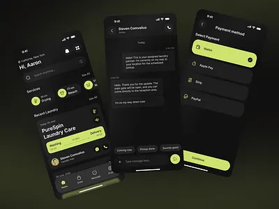 Laundry Service Mobile App UI – Chat & Payment Flow (Dark Mode) app interaction design app ui design chat screen ui clean dark interface consumer mobile app dark mode mobile ui delivery tracking ui figma mobile design laundry app ui mobile chat interface mobile checkout flow mobile dashboard ui modern dark ui on demand app ui payment method ui payment selection screen service booking app service marketplace ui ui ux case study wallet payment ui