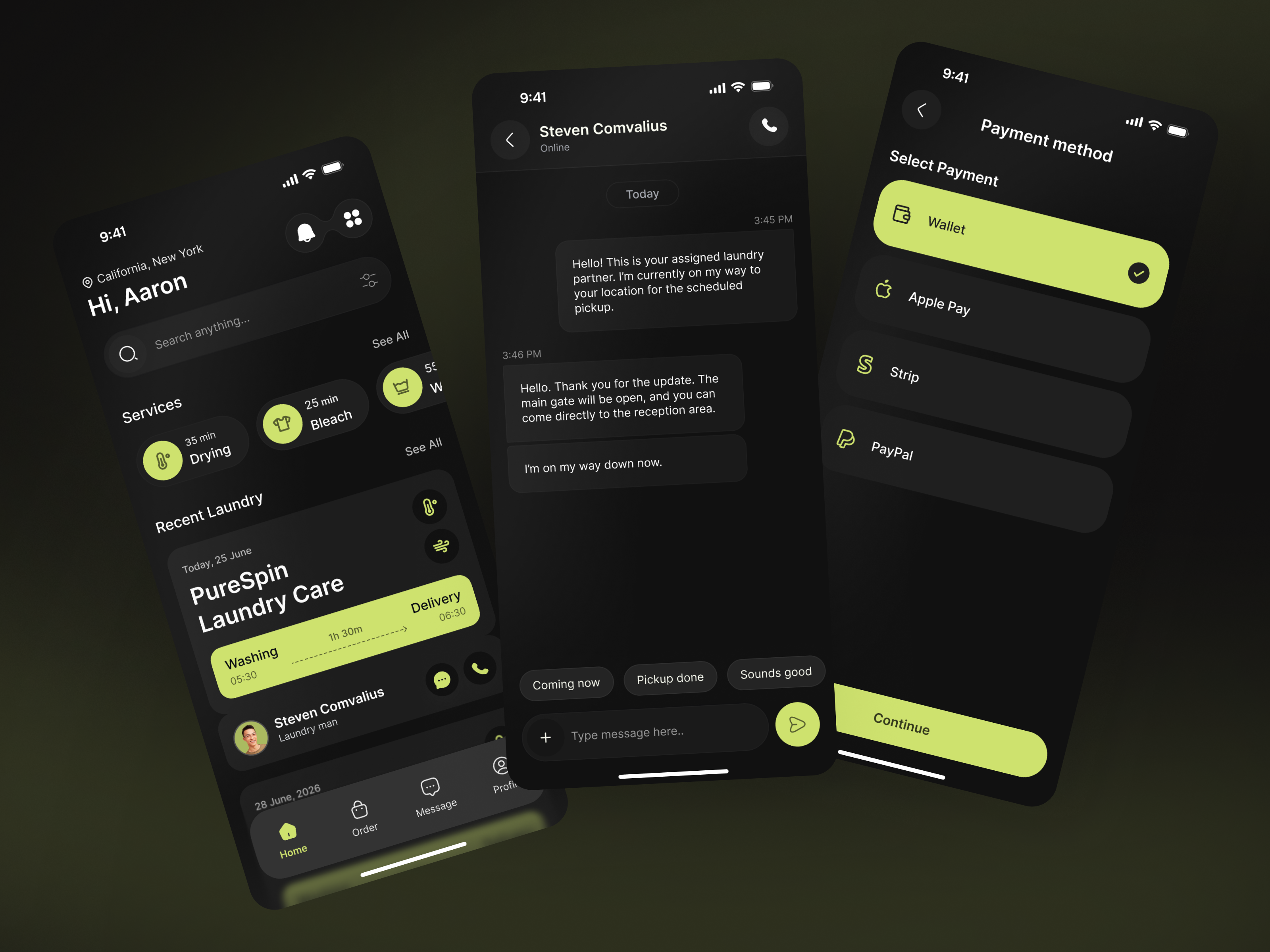 Example of Laundry Service Mobile App UI – Chat & Payment Flow (Dark Mode)