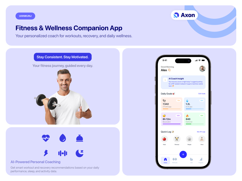 Axon - Fitness & Wellness Companion App ai coach figma figma design fitness app fitness journey fitness mobile app design ios app design mobile app design personalized workout app wellness companion app workout app design workout insights workout plan app