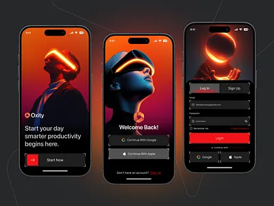 Futuristic Productivity App UI Design ai productivity branding dark mode ui dashboard ui futuristic ui ios ios app minimal ui mobile app mobile app ui mobile ux modern app design neon ui onboarding ui productivity app productivity design task manager app user experience user experience design ux design