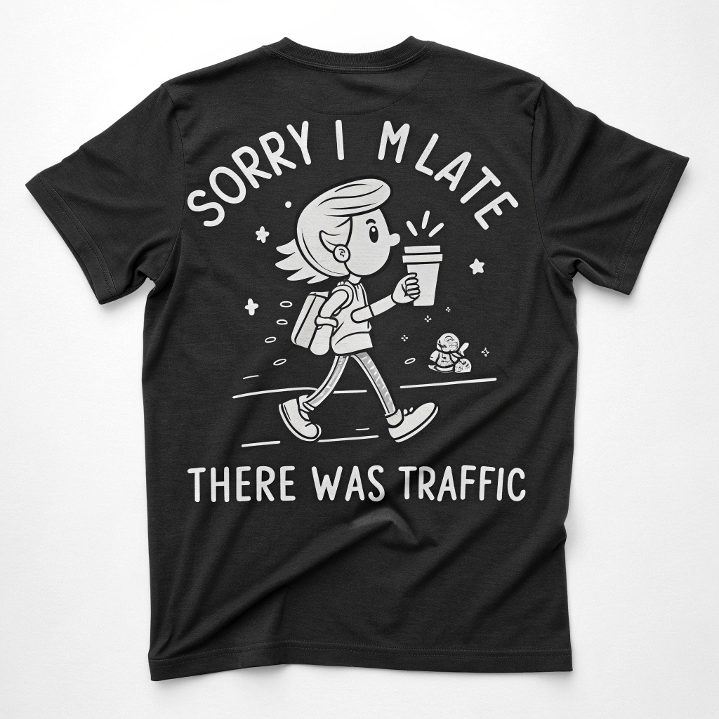 Traffic Excuse – Fun Cartoon T-Shirt Design funnyquote graphicdesign illustration minimaldesign streetwear tshirt tshirtdesign