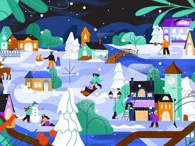 Winter Village 01 characters illustration night snow town village wide scene winter scene winter village