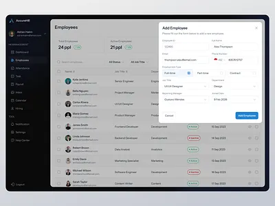 AccurateHR — Add Employee add admin panel clean design dashboard design employee employee management hr human resources management minimal saas ui uidesign uiux ux uxdesign web design web page website