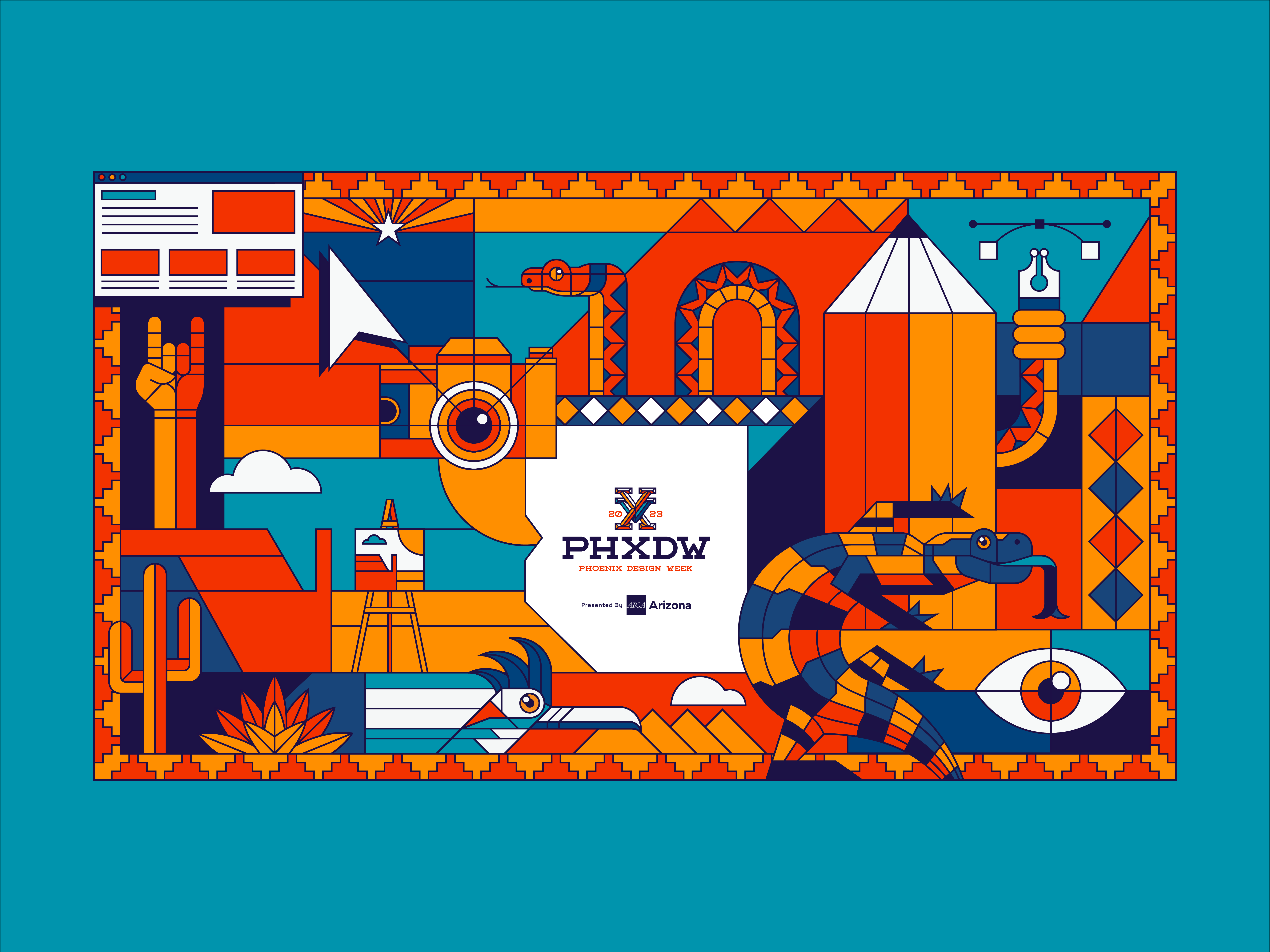 Phoenix Design Week 2023 Brand Identity animation arizona book branding cactus camera desert eye font gila monster illustration logo mosaic pencil rattlesnake roadrunner signage southwest ui vector