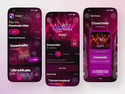 Festival & Event Booking Mobile App UI app concert ticket app dribbble shot edm festival event booking event booking app festival app glassmorphism gradient ui live music live streaming mobile mobile app design music app ui music festival app ticket booking app ui uix design