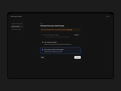 add payment method flow app application crypto dark darkmode design desktop flow modern payment simple ui ui design ux web web3 webapp wizard