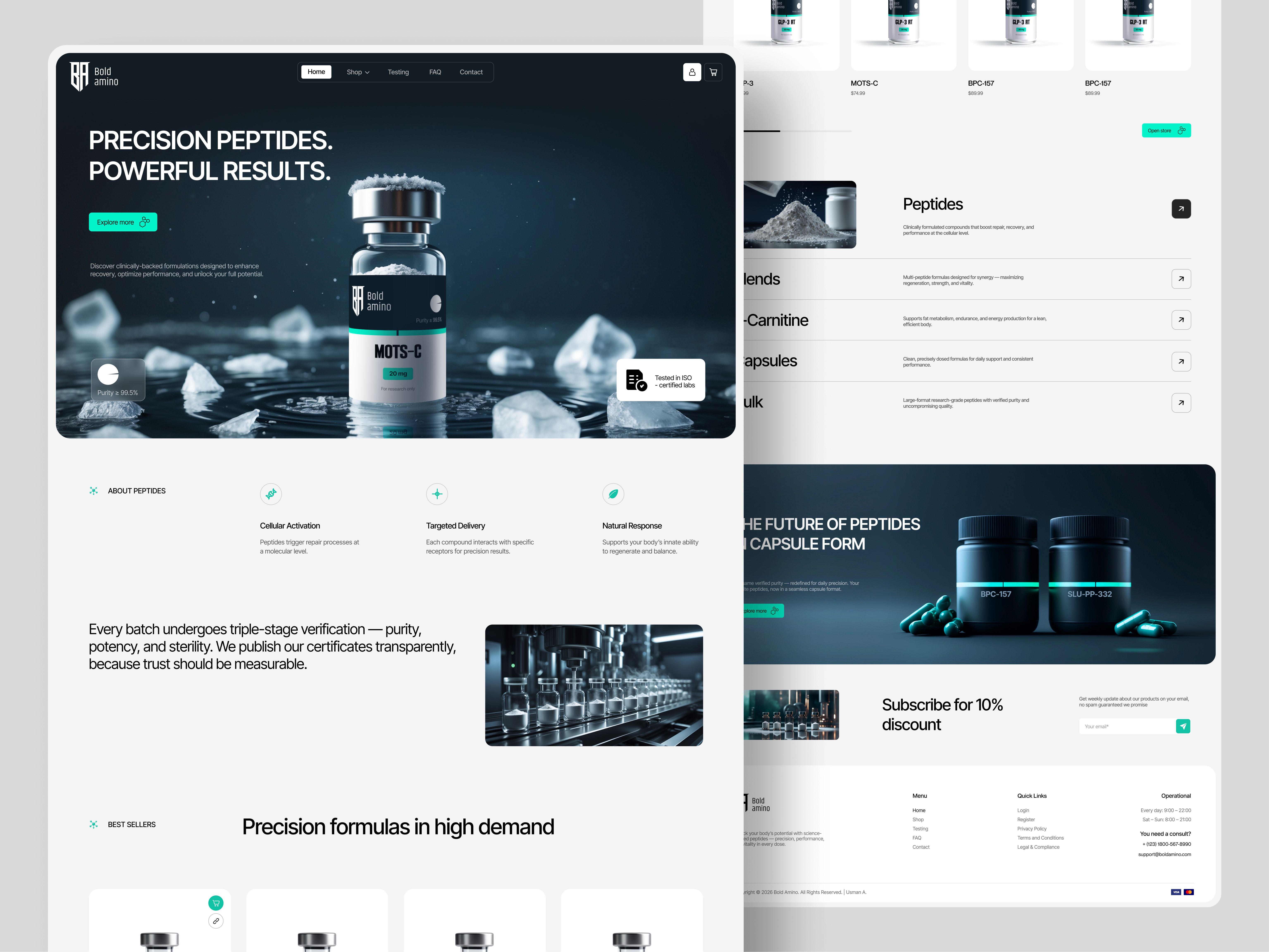 BoldAmino - Modern Peptide Store UI Design biohacking branding conceptdesign creativebranding designinspiration dribbbleweeklywarmup healthtech healthylifestyle luxurydesign medtech minimaldesign packagingdesign peptides premiumbranding productdesign shotondribbble supplements uidesign uxdesign visualidentity