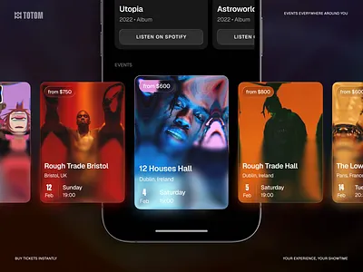 Totom. Concert Ticket Booking App animation app app design dark figma ios minimal minimalism mobile mobile app motion graphics product product design startup ui uiux ux