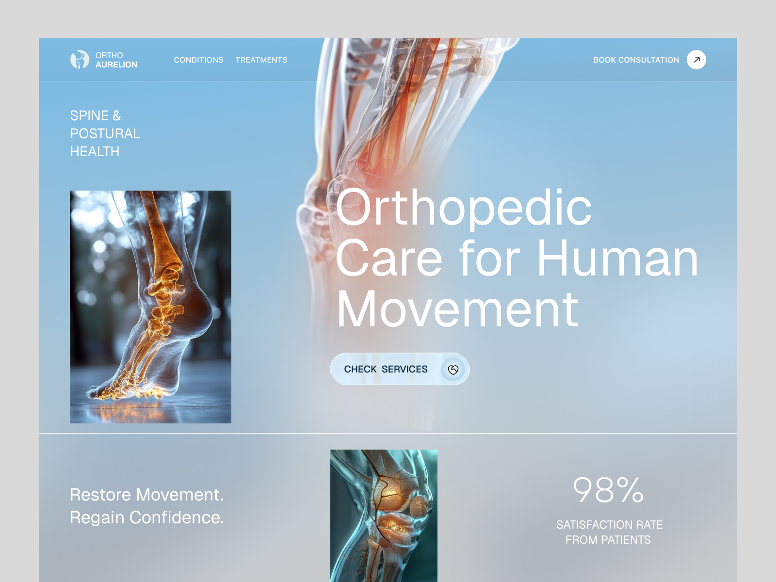 Orthopedic Healthcare Website | Spine & Movement UI Design clean ui clinic website doctor website health startup health tech healthcare healthcare platform hospital ui idealrahi join care mecical design medical website medicine minimal design orthopedic spine care ui design ux design web design