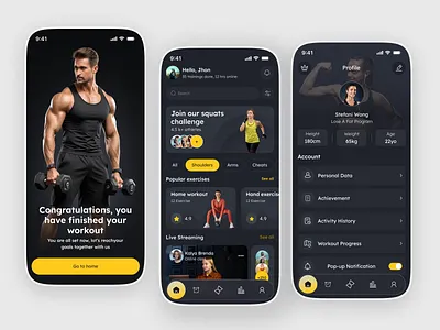 Workout Tracker & Fitness Coach App app design dark mode dark ui fitness fitness app fitness tracker gym app gym workout health fitness health app ios app lifestyle app mobile mobile app design sports app trainer app ui design ux design workout app workout tracker