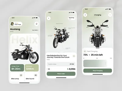 Helix ✦ Smart Electric Motorcycle Control App app design application ui concept electric bike ev charging mobile app futuristic green energy marketplace mobile ui modern mobile app ui modern ui online shopping popular premium product design shopify store smart motorcycle startup technology transportation