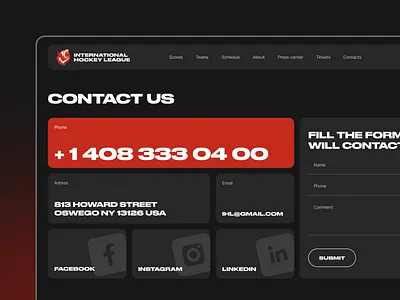 IHL | Contact Page Design bento design contact page contacts dark ui design figma hockey sport sports ui uxui web design