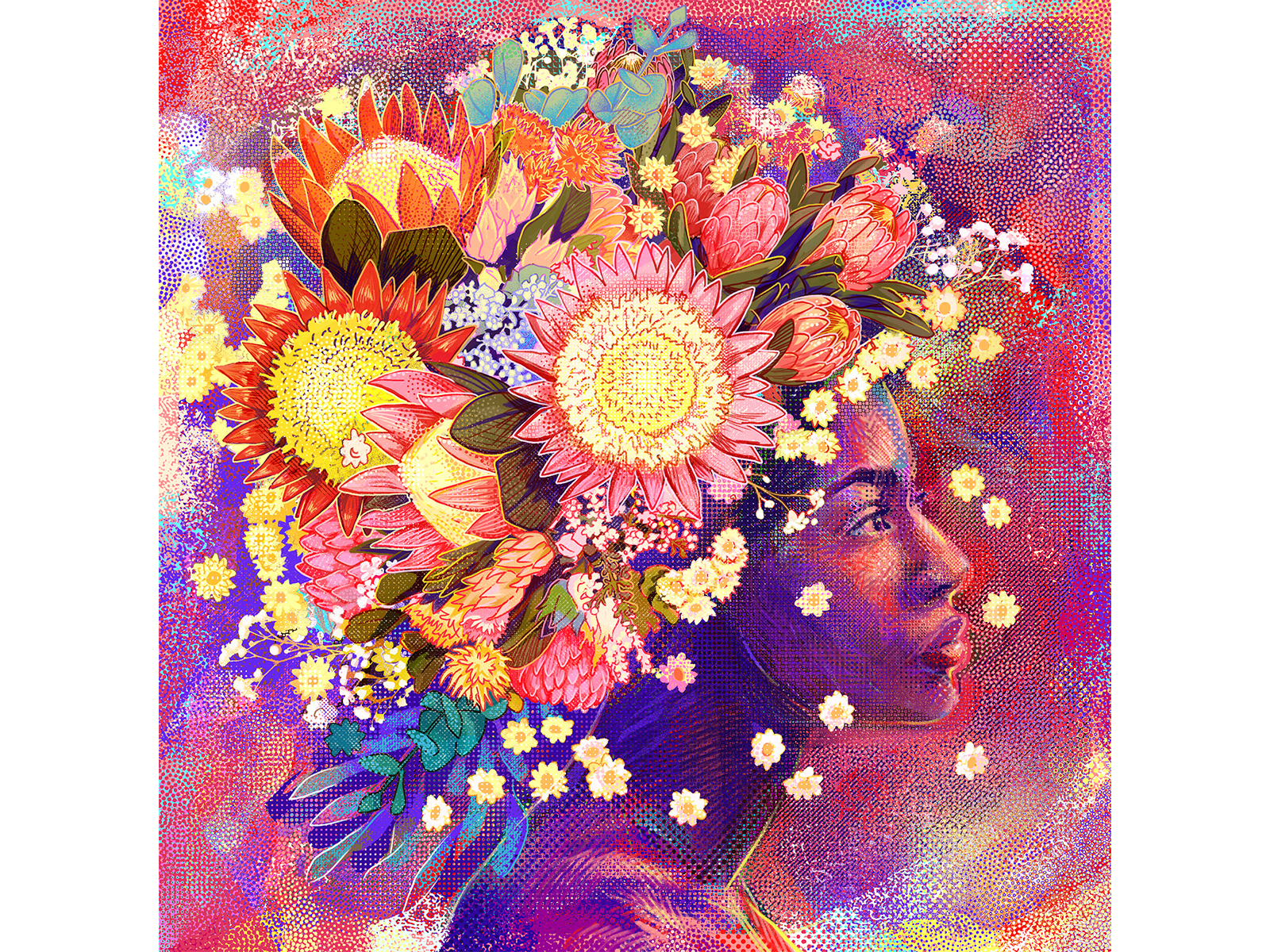 Snackable, but make it art flower flowers hair halftone illustration muti pink portrait protea purple southafrican texture tin tinillustration