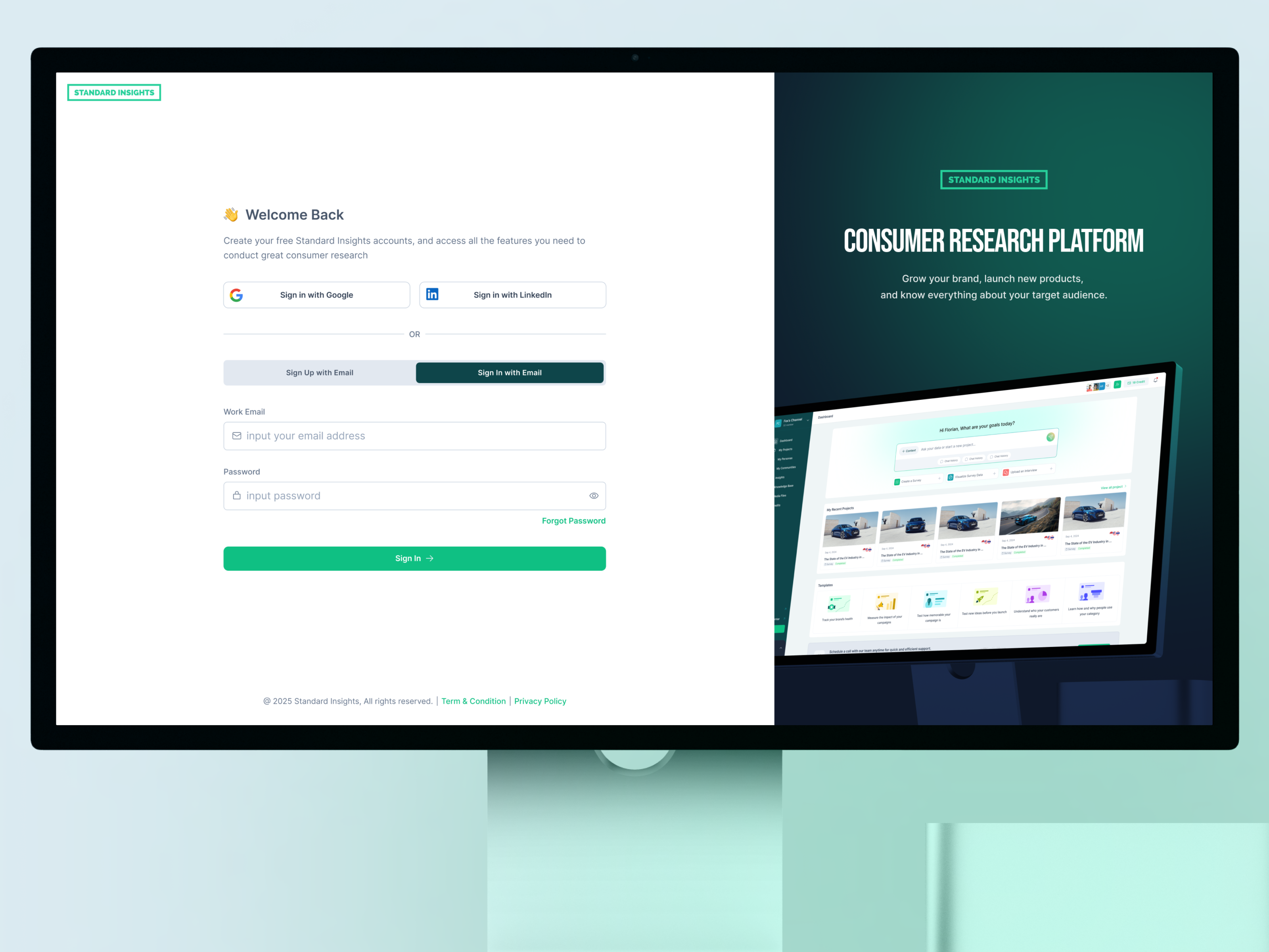 Login Experience with Product Preview — Standard Insights ai dashboard login research saas