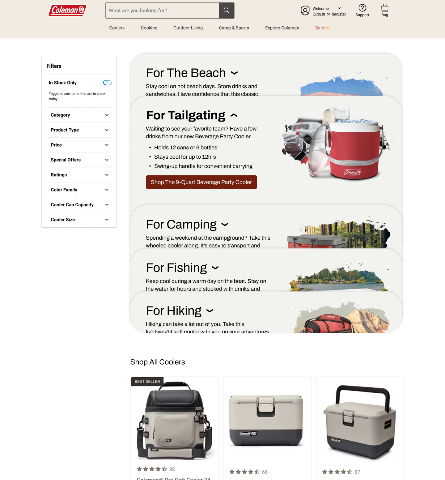 Colemen Outdoor coolers ecommerce graphic design ui web design