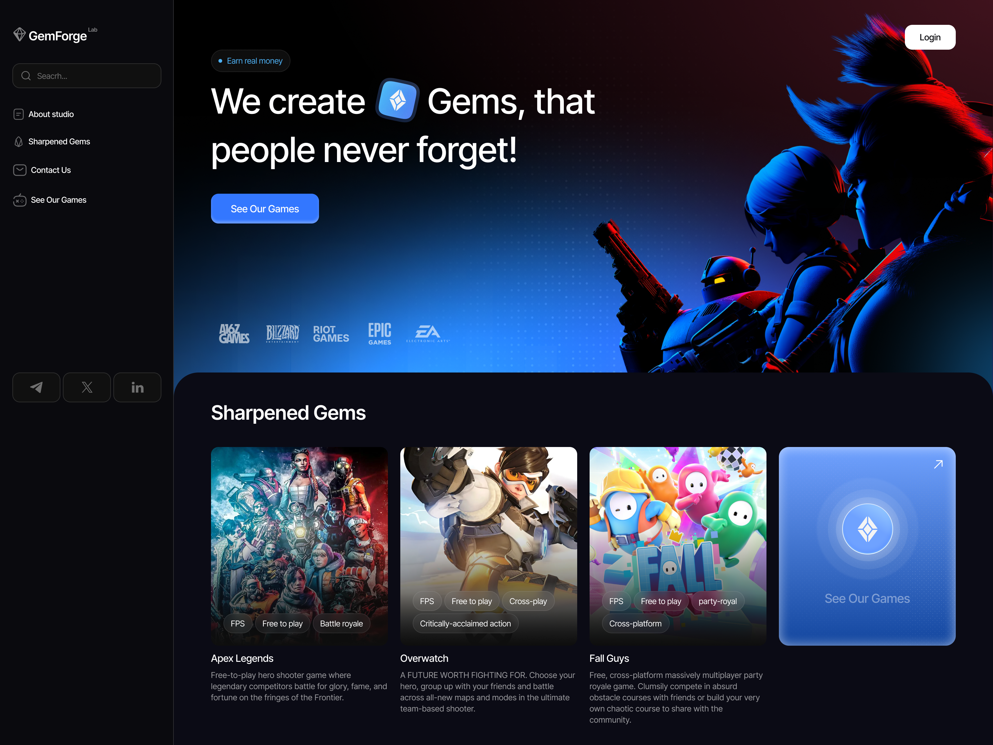 GemForge — Gaming Platform Landing Page dark game showcase gaming hero section interface landing multiplayer platform product saas sidebar ui ux web web design