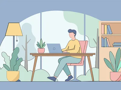 Flat vector illustration of freelancer working on laptop in home business concept cozy room digital work flat illustration freelancer home office laptop minimal design modern workspace office interior online job productivity remote work startup vector work from home