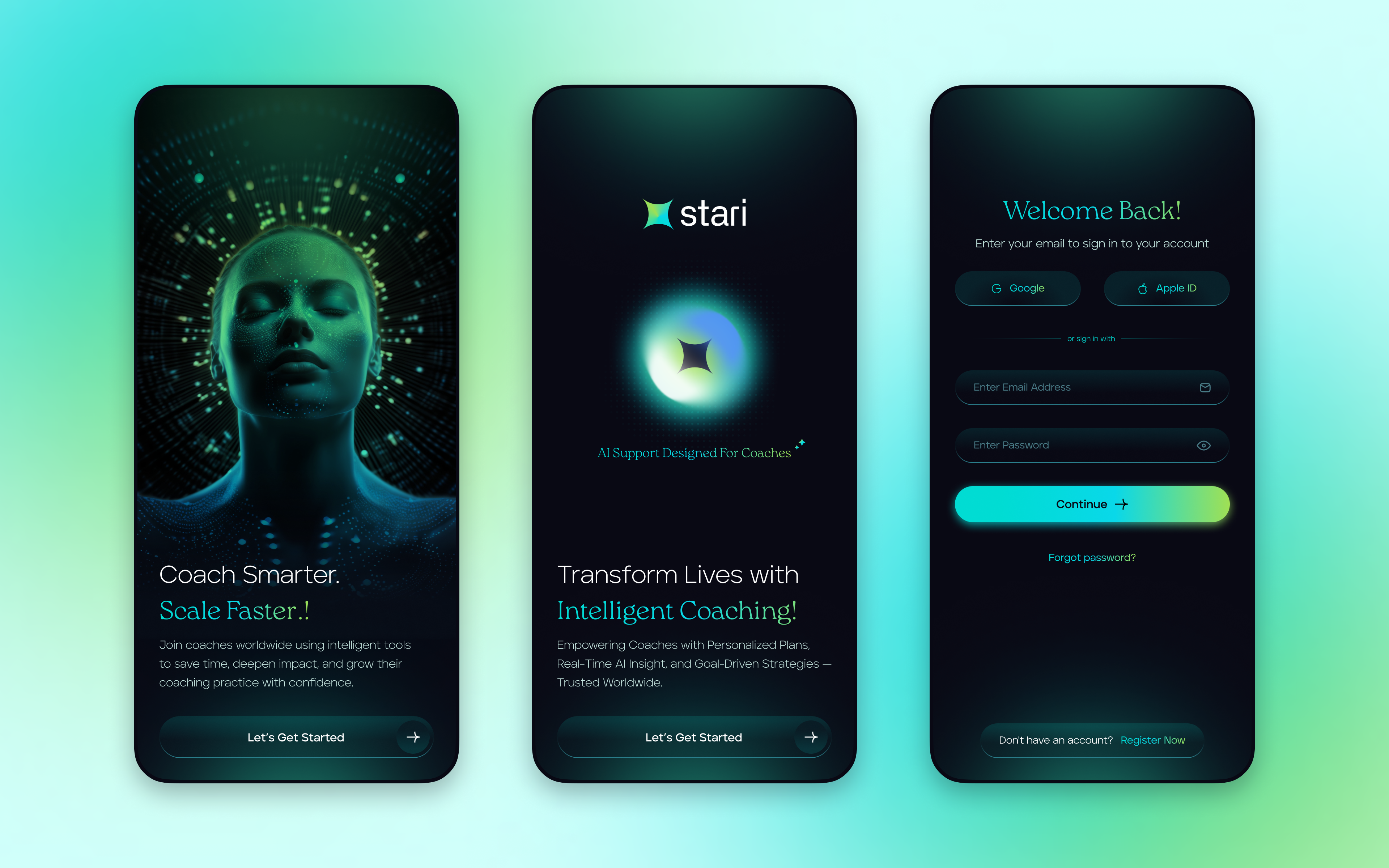 AI Driven Coach App ai app artificial intelligence authentication clean coaching app dark app design message mobile app onaboarding sign in splash ui user profile ux