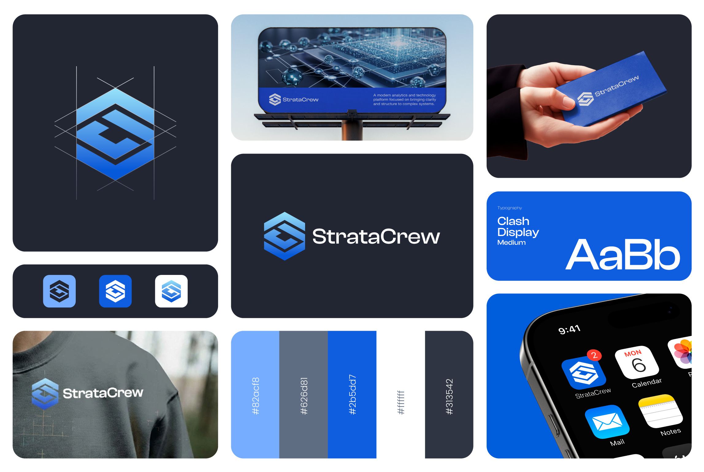 StrataCrew – Modern Analytics Brand Identity & Logo Design abstract logo symbol analytics platform identity brand identity design clean brand layout data driven branding digital product identity enterprise tech branding geometric logo mark gradient brand design logo construction grid mobile app branding modern logo system modern typography professional visual identity saas brand presentation scalable logo design structured design system tech startup branding technology branding ui focused design