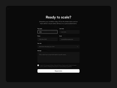 Dark Mode Form clean contact dark mode dark theme dashboard demo form input interaction interface layout minimal modern product design saas ui ux web design website workflow