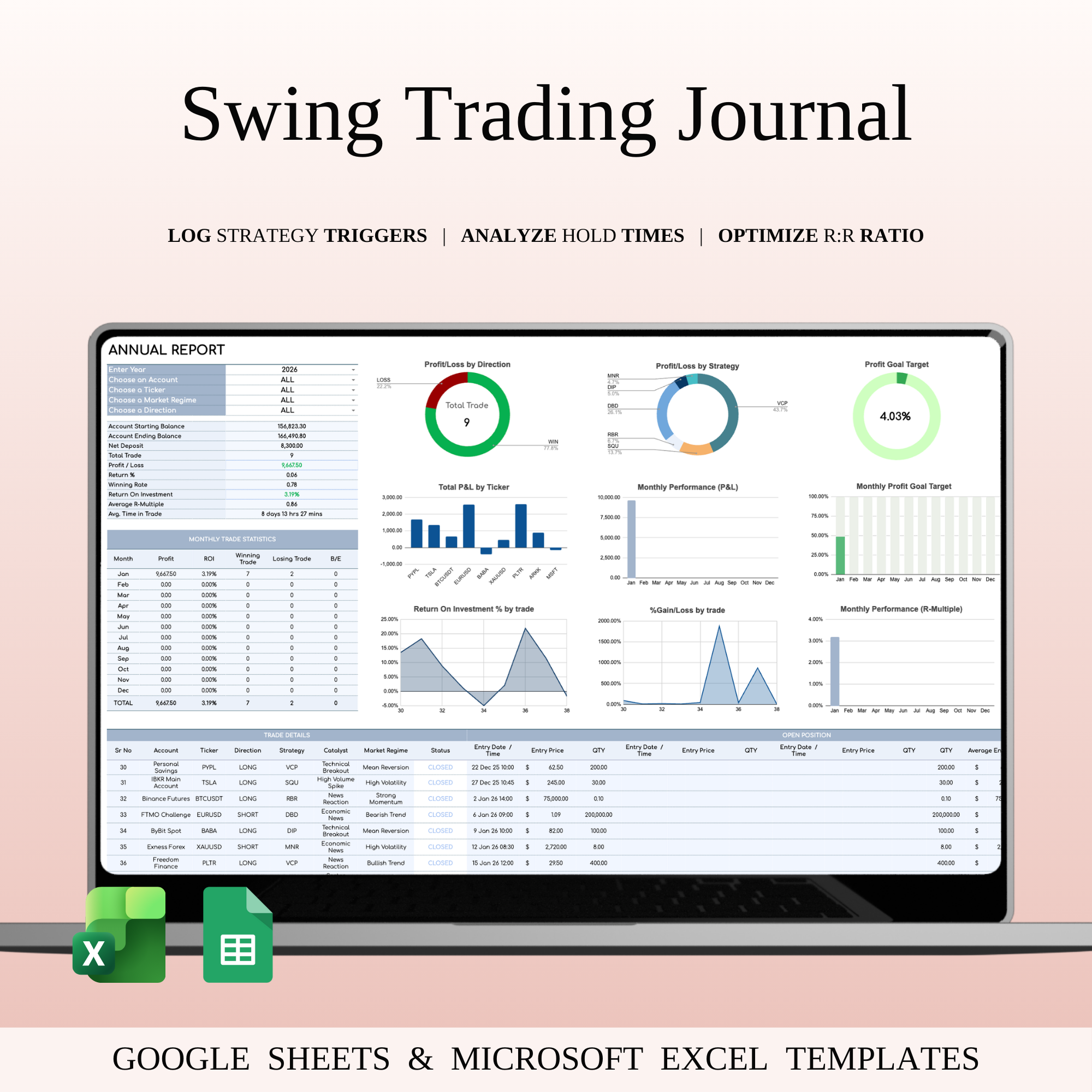 2026 Swing Trading Journal Template analytics charts clean darkui dashboard data dataviz design excel finance fintech interface minimal modern saas sheets template trading ui ux