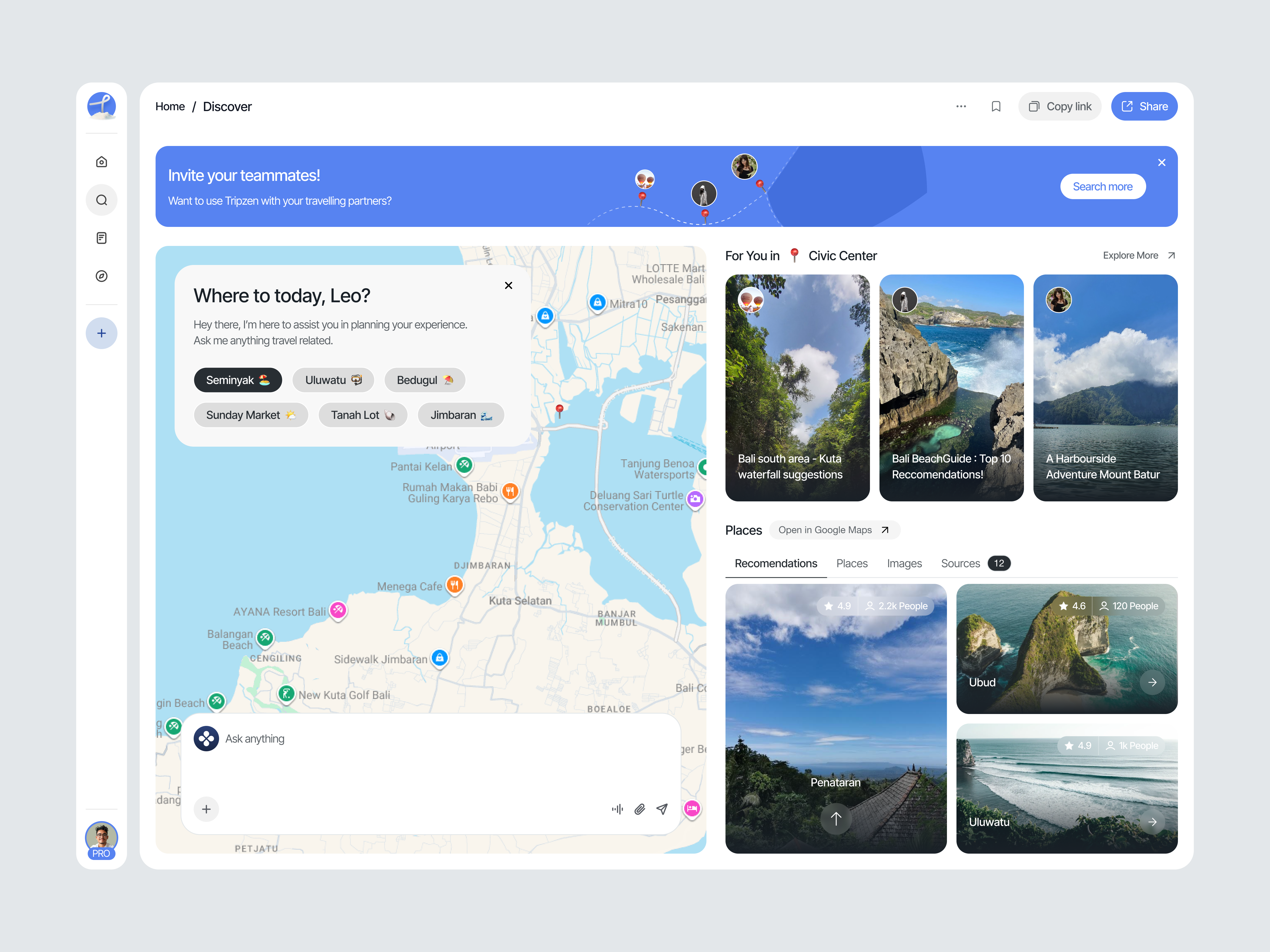 Tripzen - Dashboard AI Tri Planner Discover page ai chat artificial intelligence card chat bot clean dashboard dashboard ai dashboard planer design discover page hotel booking location maps travel trip planer trip planner ui uiux ux