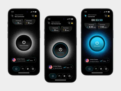 VPN Mobile App UI Design app design cybersecurity dark mode ui mobile app design mobile interface mobile ui privacy app saas app design secure connection speed monitor ui startup app tech app design ui design vpn vpn app vpn mobile app