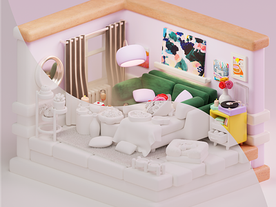 Isometric 3D Render - Cozy Valentine's Day Living Room 3d design graphic design illustration