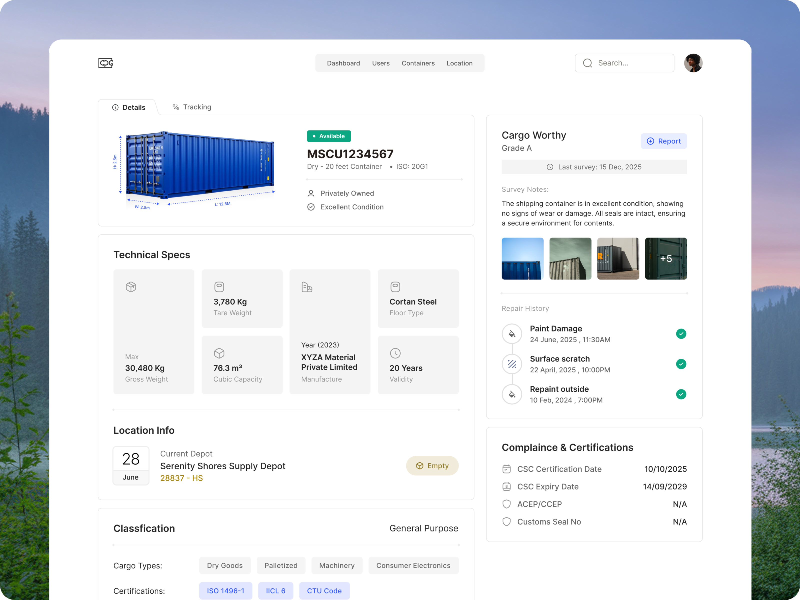 Example of Container Details Page
