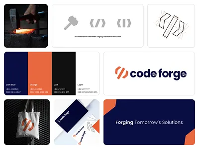 Code Forge Visual Identity blue brand identity branding code code forge contrast form hammer line line of code logo logo design logotype mark minimalistic orange symbol visual language