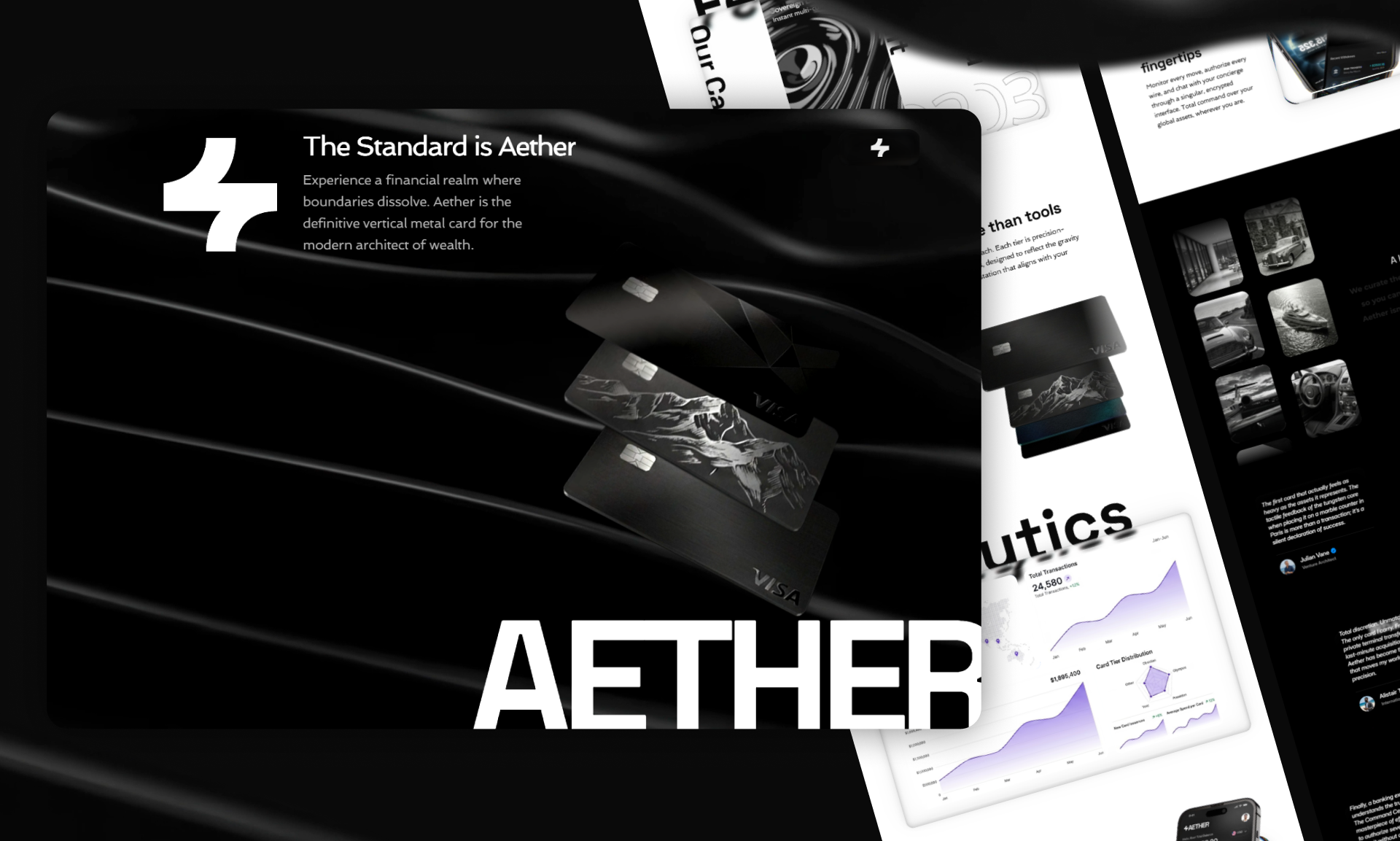 Aether — Luxury Fintech Interaction & Motion banking blender3d darkmode fintech interaction landingpage luxury minimal motiondesign uiux webdesign