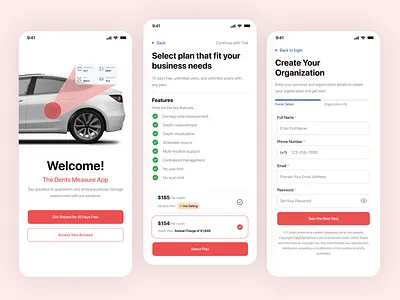 Dents application onboarding - Automobile Industry car app car app ui login minimal app onboarding payment plan payment screen register screen register user screen signup ui uiux welcome screen