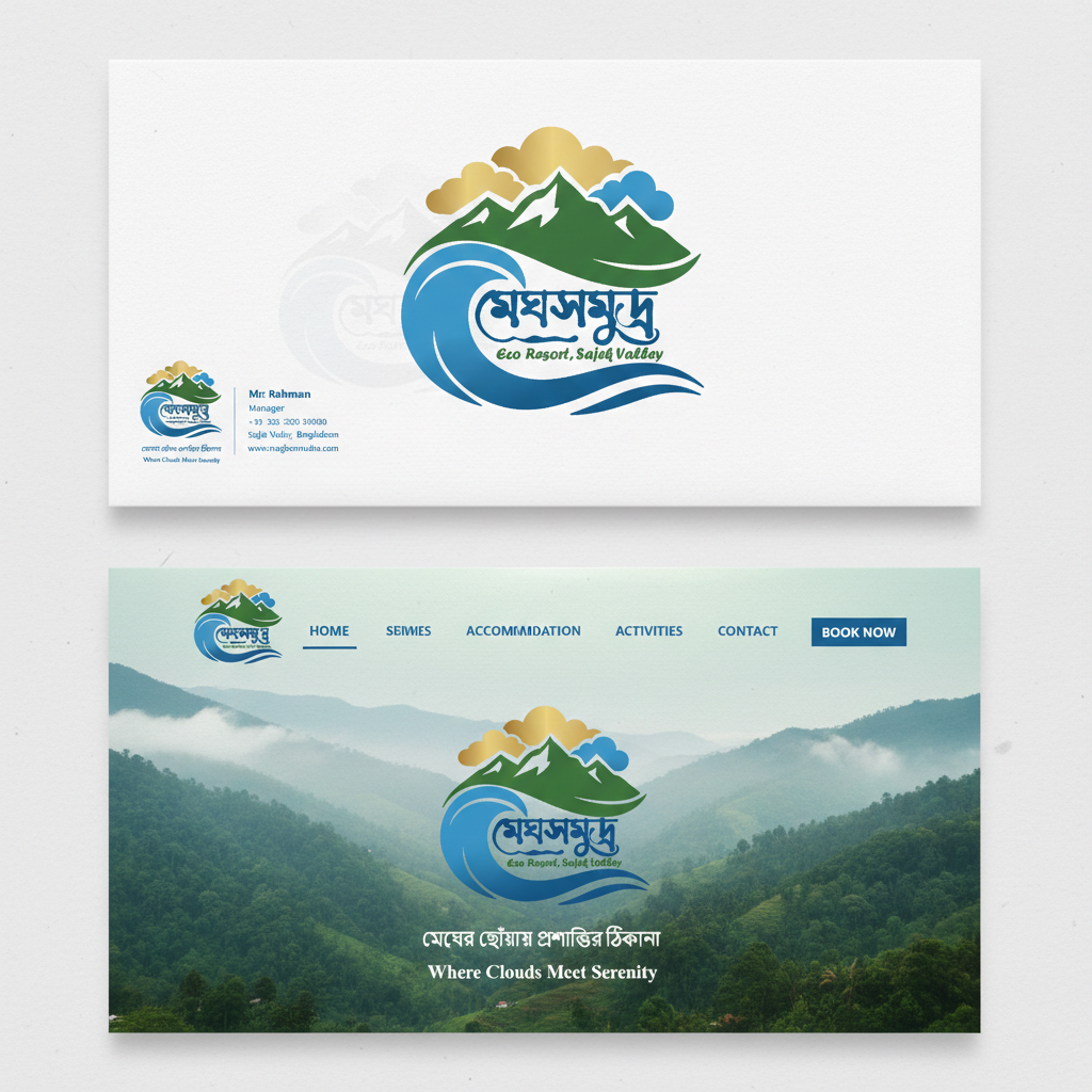 Branding Identity for Megh Samudra Eco Resort | Sajek Valley bengali typography cloud sea corporate identity eco friendly tourism eco resort branding green and blue palette hill tracks bangladesh hospitality design landscape logo megh samudra minimalist branding modern logo design mountain logo nature inspired design outdoor adventure branding resort identity sajek valley serene visuals travel and tourism branding vector art