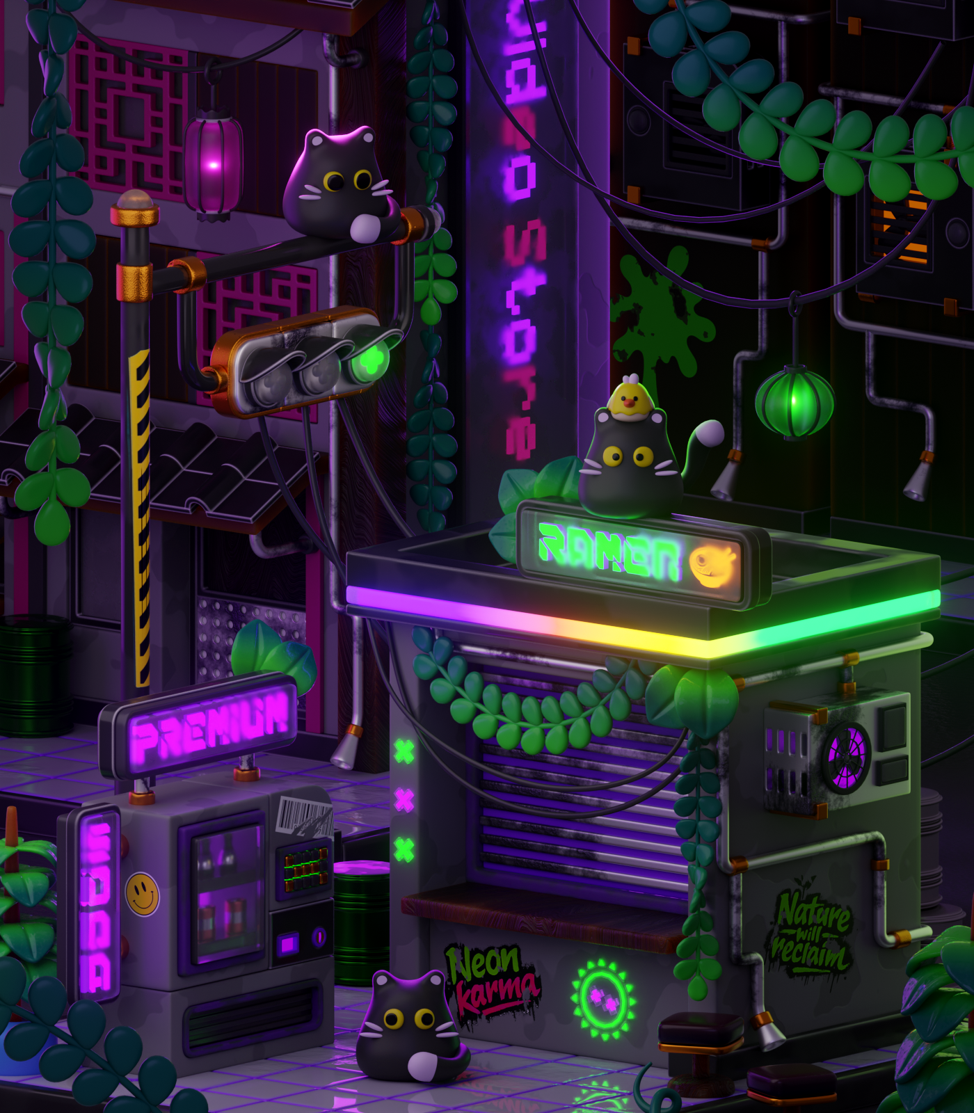 Neon City × Garden 3d 3d art asia blender character design china cute cyberpunk game japan neon ramen street