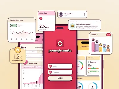 Pomegranate Health App UI app app icon branding card chart chunky colorful dashboard data health iphone login notification pomegranate product red screen stroke ui
