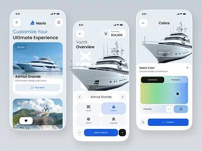 Luxury Yacht Configurator App Design clean app configuration customizer dark blue app editor factory features app machinery manufacturing mobile mobile app quiz challenge app tourism app vehicle yacht configurator app