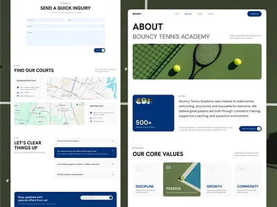 Bouncy About, Contact, & Services Page - Tennis Academy Website figma figma design homepage landing page sport tennis tennis academy ui inspiration ui showcase ui trends uiux ux design website design