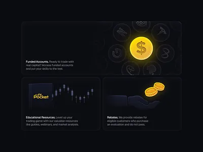 Bento grid - Trading Platform bento black and gold coins crypto fiat finance fintech learning money platform stocks trading