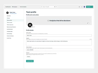 Tracekit - Team Profile banner button dashboard design form icon inputfield profile saas settings sidebar teams textfield ui upload ux website