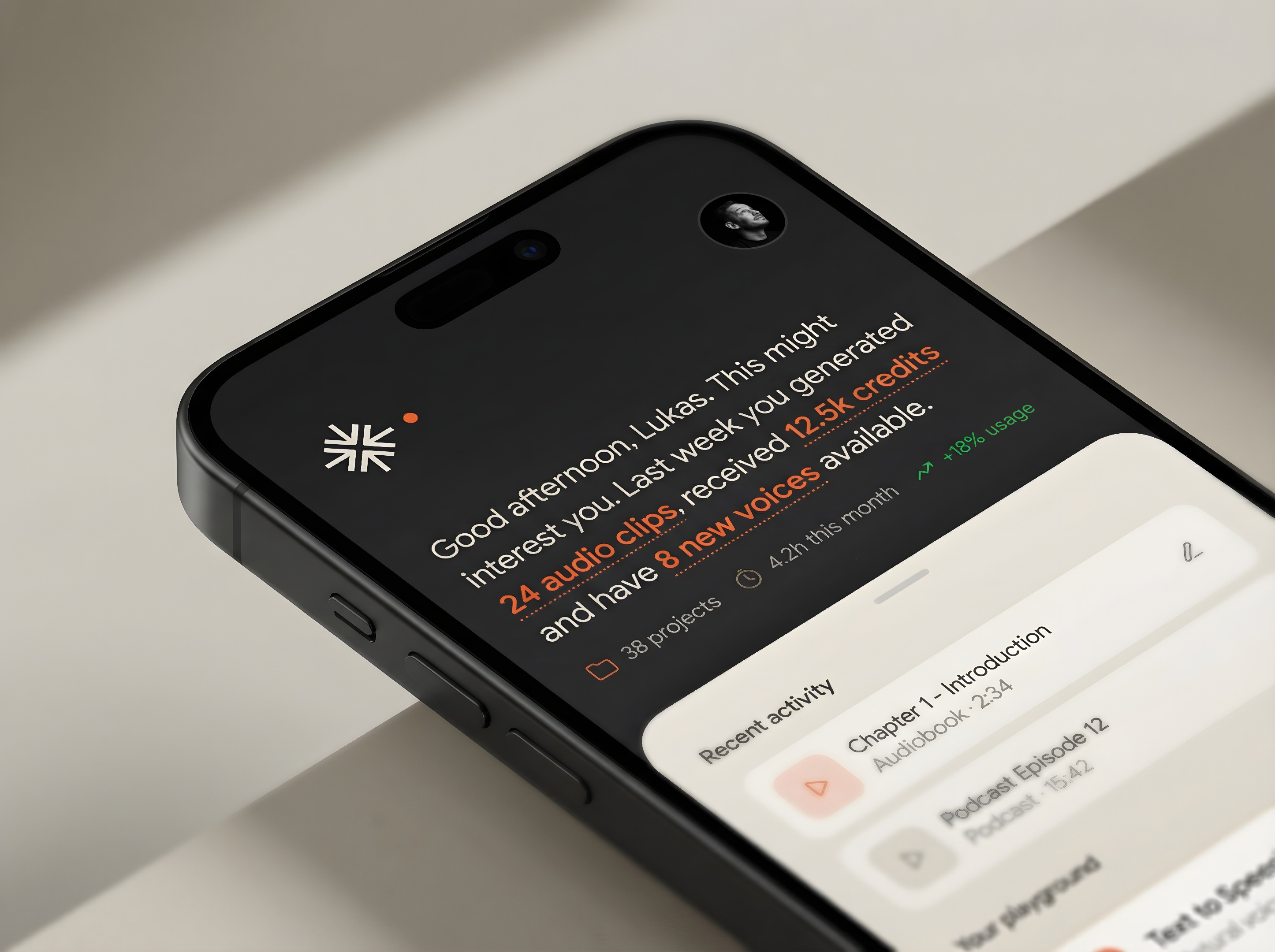Voice AI Mobile App: Modern Homescreen and Navigation ai app audio creative dashboard homescreen minimalistic mobile modern text to speech tool voice