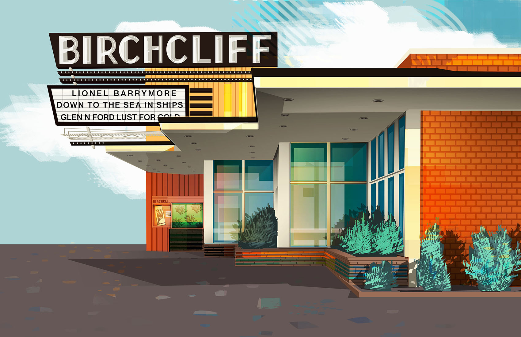 The Birchcliff Theatre - vintage theatres of Toronto series cinema colourful illustration print retro theatre toronto vector vintage