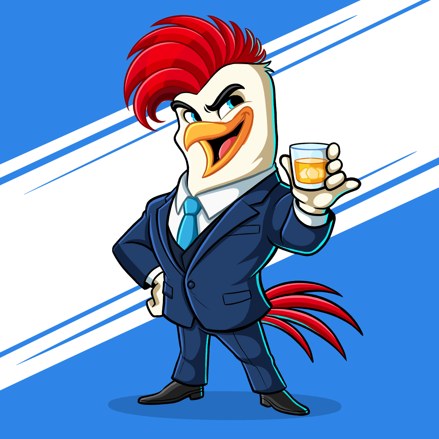 The Executive Rooster – Mascot Character Design blue cartoon character design chicken digital art drawing elegant fast delivery logo mascot professional red rooster suits
