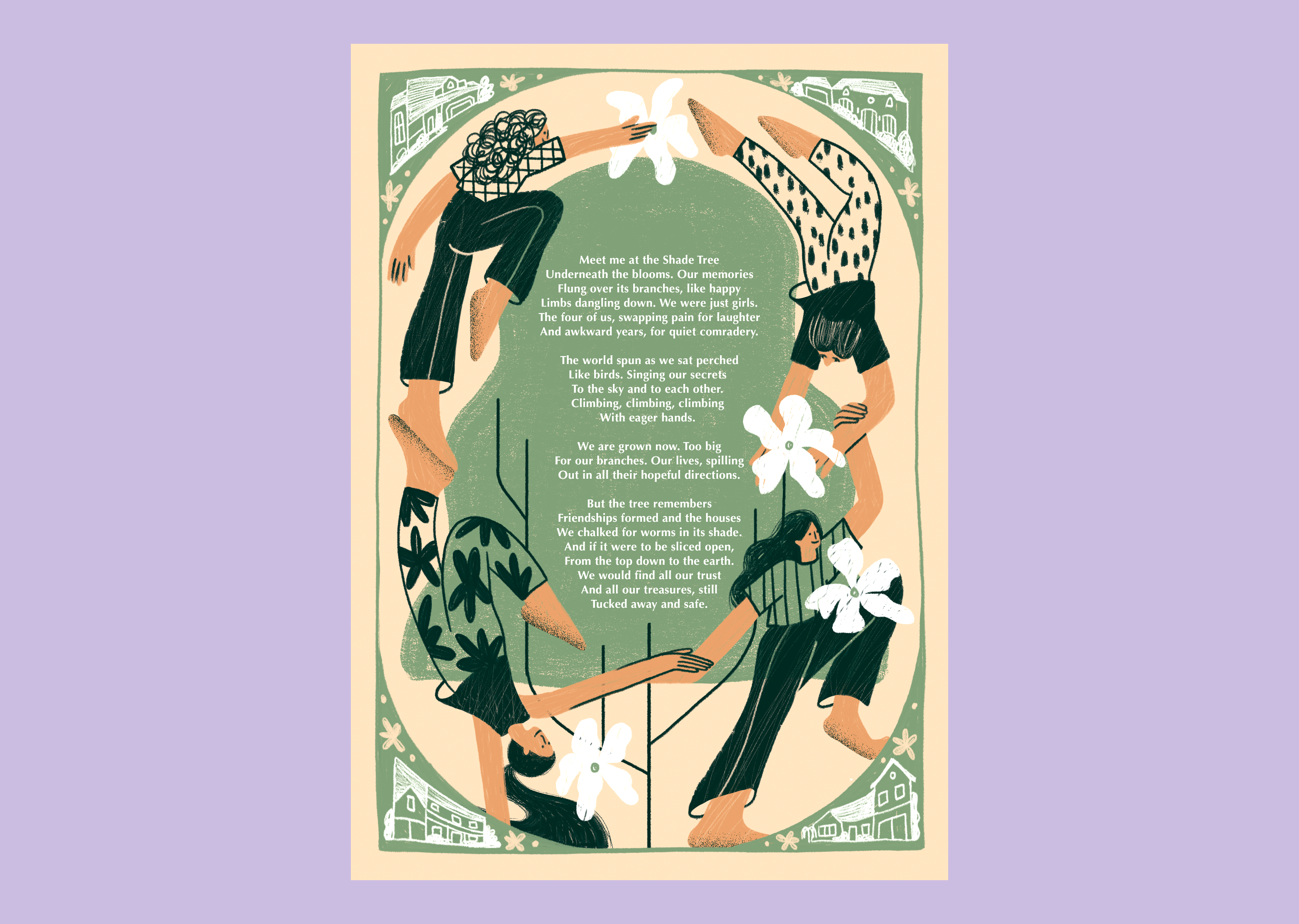 Shade Tree character climbing flowers friends illustration poem print tree