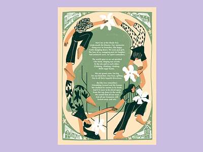 Shade Tree character climbing flowers friends illustration poem print tree